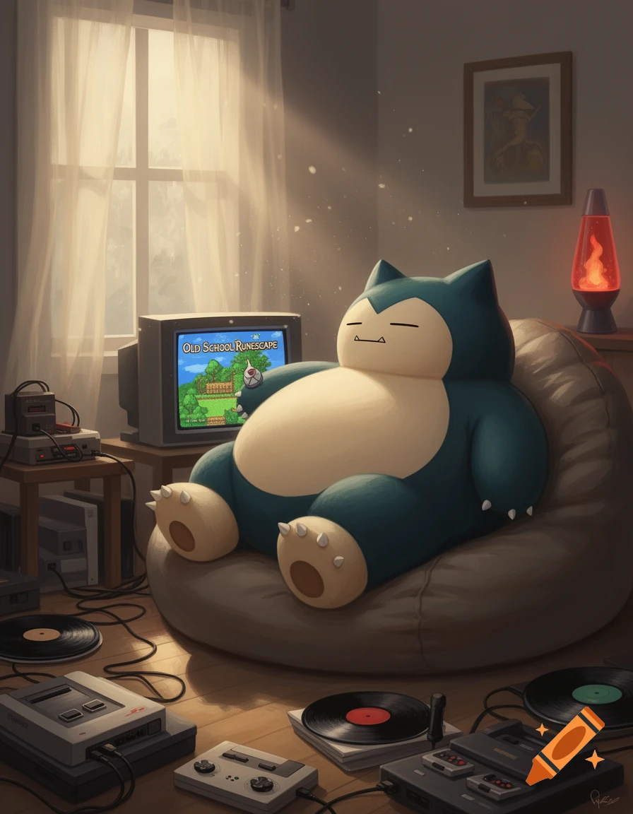 Snorlax relaxed on a bean bag chair, playing Old School Runescape on a CRT TV in a sunlit room filled with gaming consoles and records.