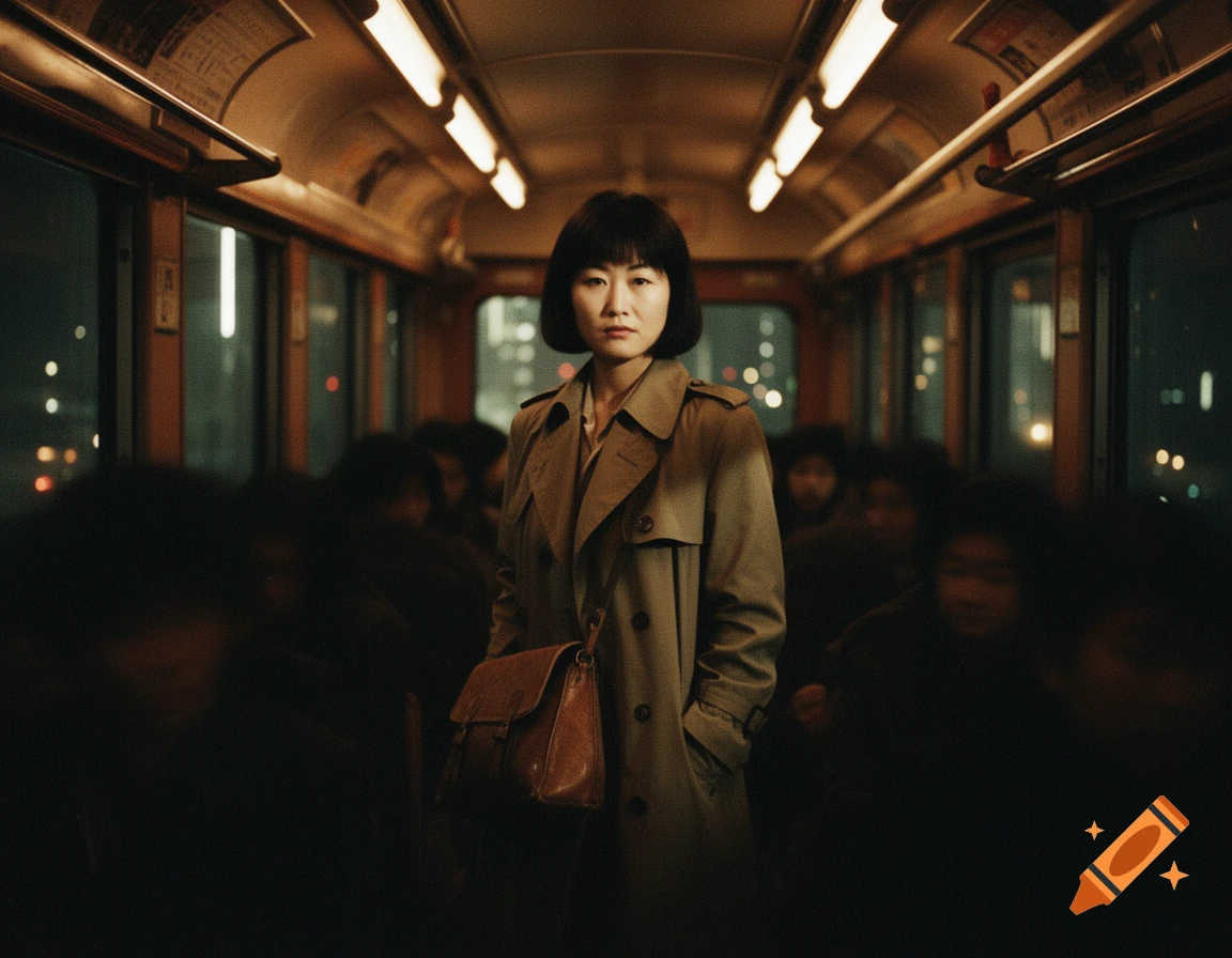 A Japanese woman in a trench coat stands on a dark, crowded train at night, captured in a vintage film noir style.