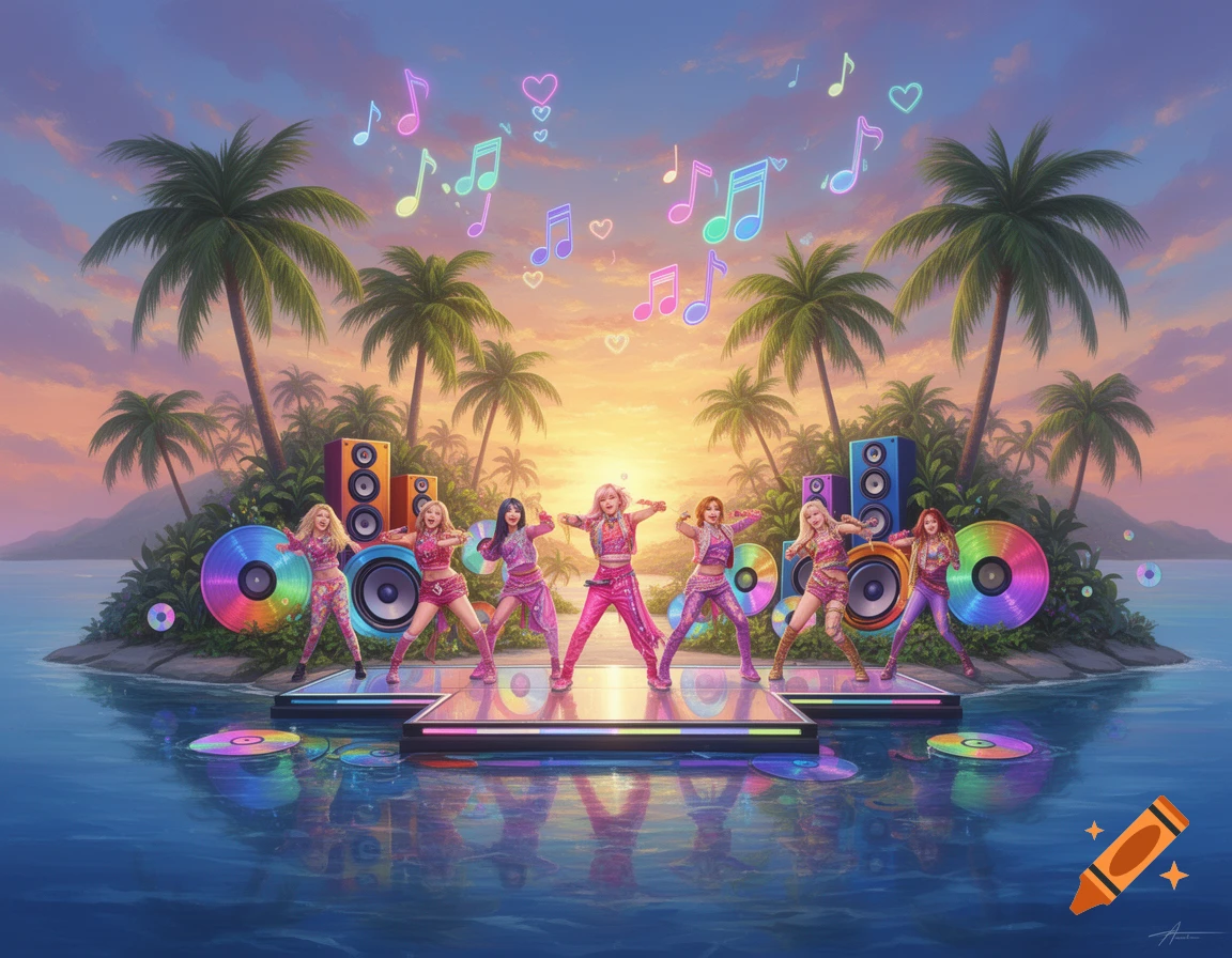 Seven K-pop dancers perform on a stage on a tropical island at sunset, surrounded by glowing musical notes and hearts.
