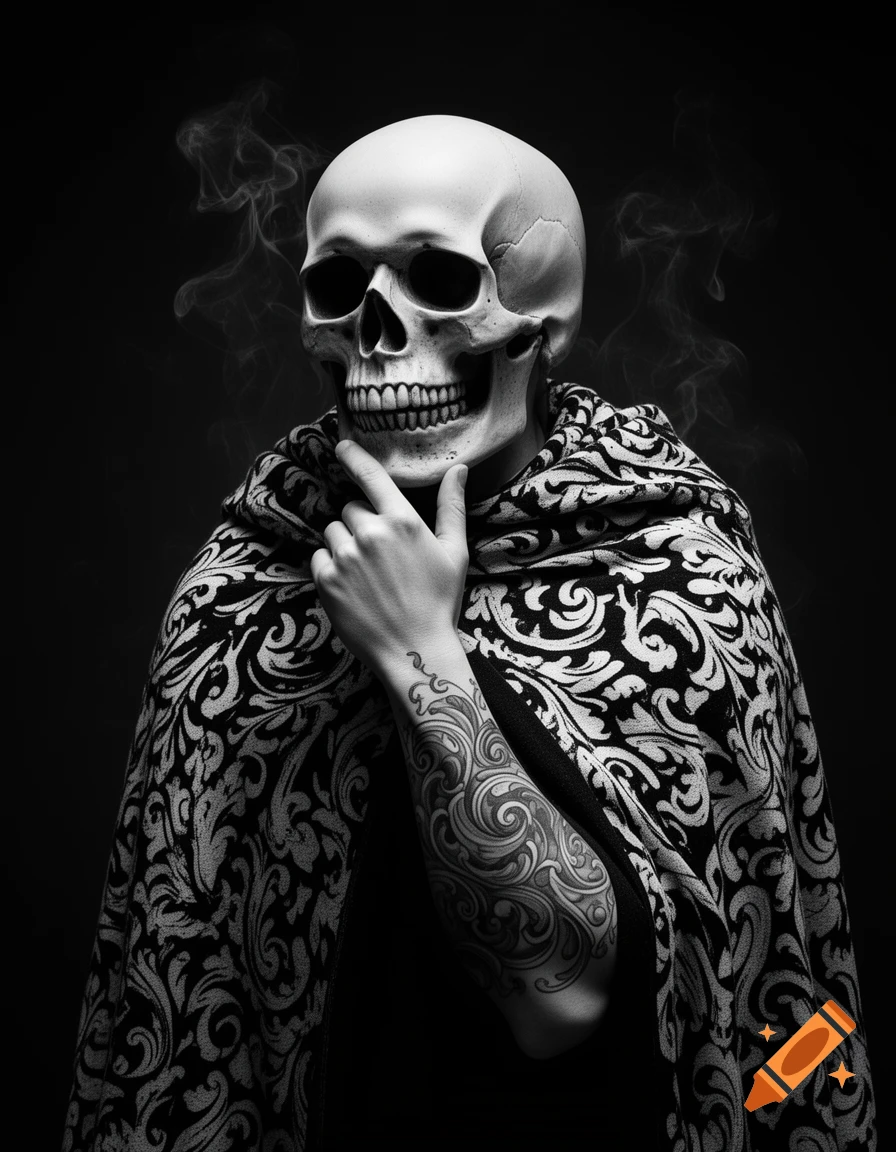 Black and white image of a thoughtful human skull with a hand touching its chin, wearing a patterned cloak and revealing a tattooed arm.