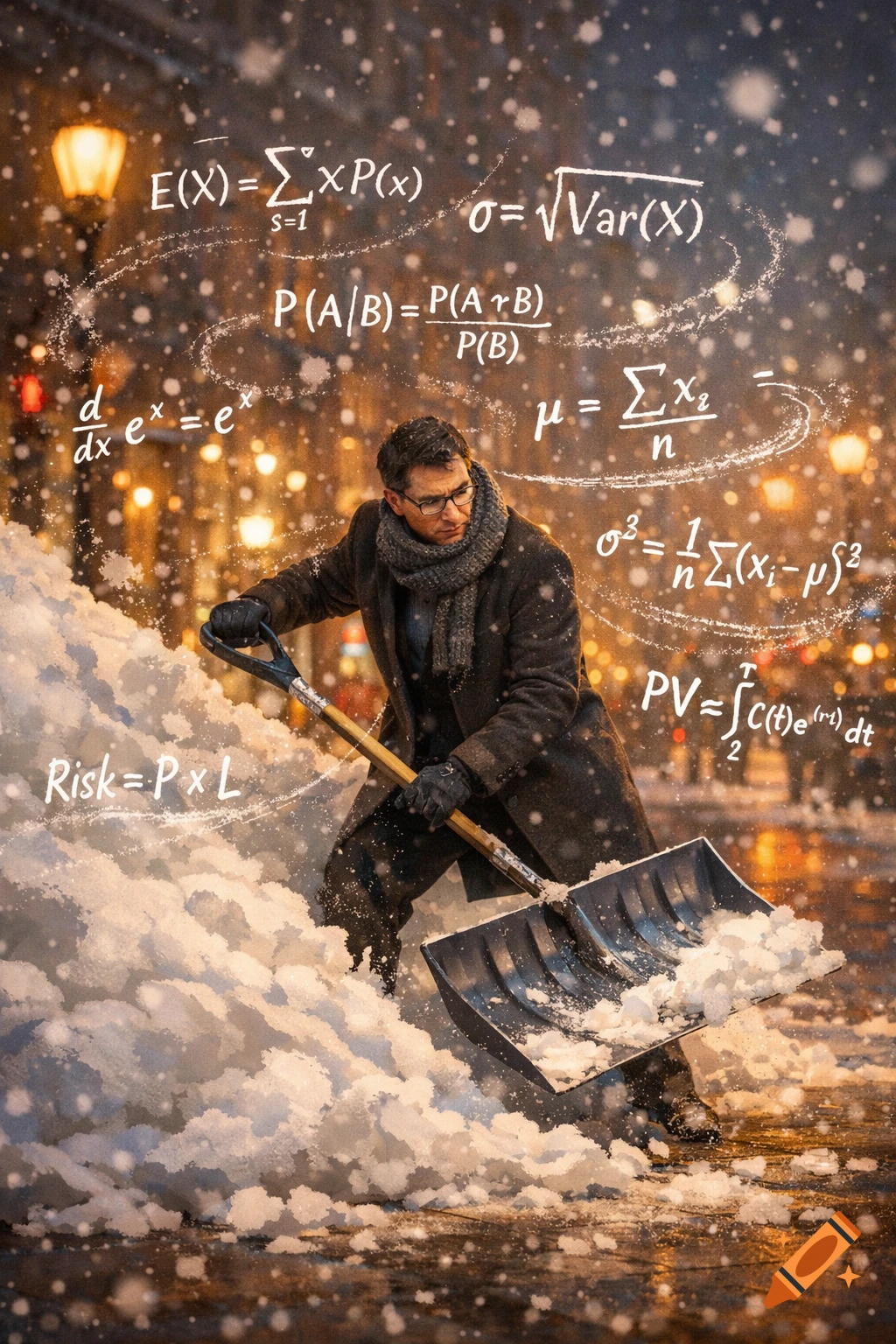 A man in a coat and scarf shovels snow on a snowy street at night, surrounded by glowing mathematical formulas.