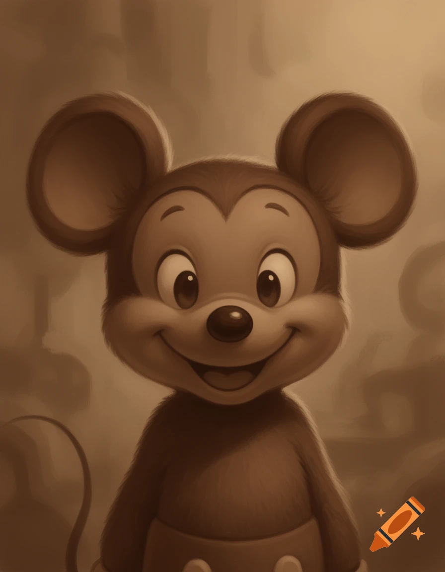 A sepia-toned illustration of a smiling Mickey Mouse with large ears, looking directly forward.