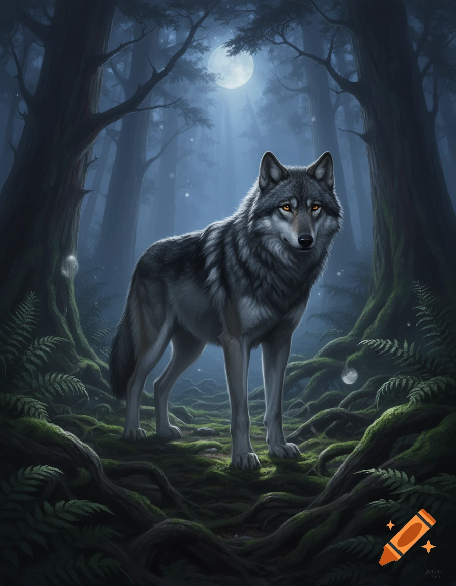 A majestic grey wolf with glowing eyes stands in a dark, mossy forest ...