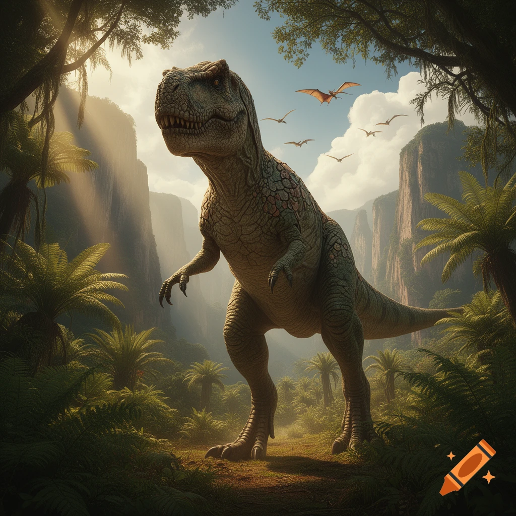 A T-Rex stands in a lush jungle valley with cliffs. Pterosaurs fly in the sunny sky. Photorealistic style.