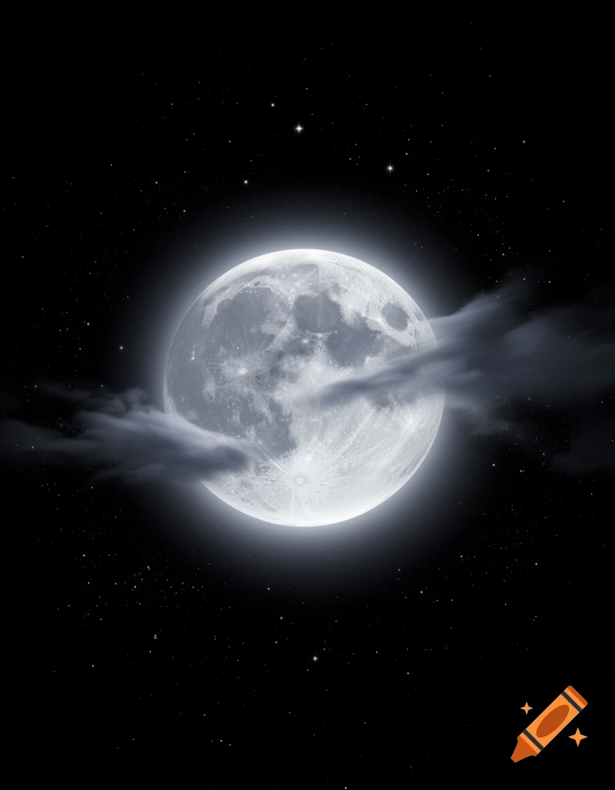 A detailed full moon glowing brightly in a dark, star-filled night sky, with wispy clouds passing in front of it.