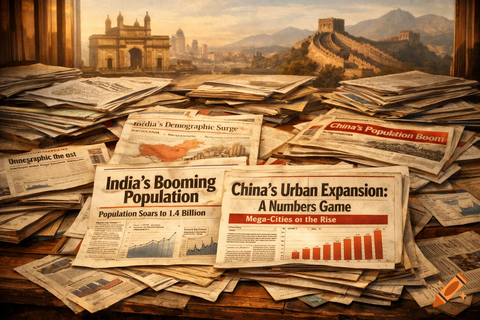 Piles of newspapers cover a table, displaying headlines about India and China's population growth. In the background, the Gateway of India and the Great Wall of China are visible under a cloudy sky.