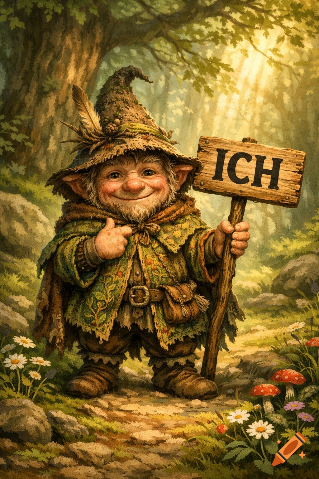 A smiling gnome in a mossy hat and cloak points to itself, holding a sign saying 'ICH' in a sunlit forest path with flowers.