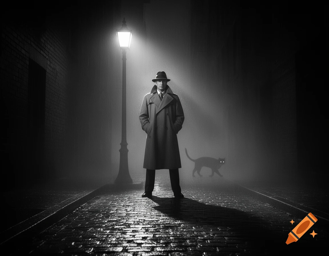 A man in a trench coat and fedora stands under a lamppost in a foggy, dark alley, with a cat walking nearby. Black and white, noir style.