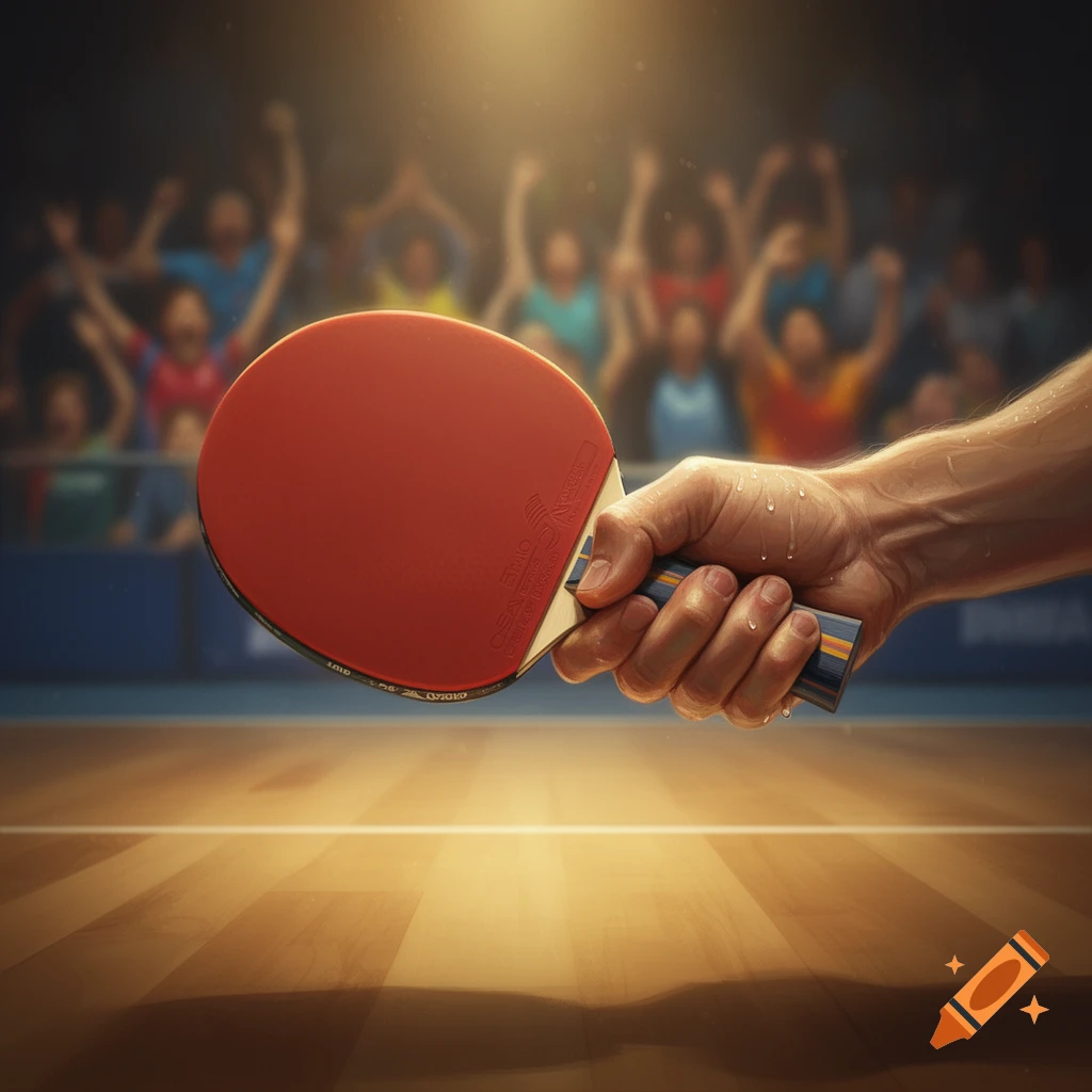 Close-up of a hand holding a red table tennis paddle, with a blurred cheering crowd in a dimly lit stadium background.