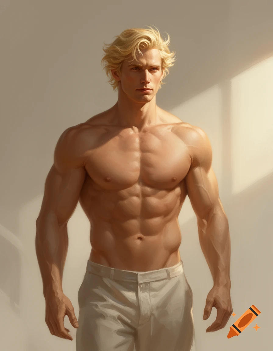 Photorealistic portrait of a muscular blonde man with tousled hair, wearing light pants, against a plain background.