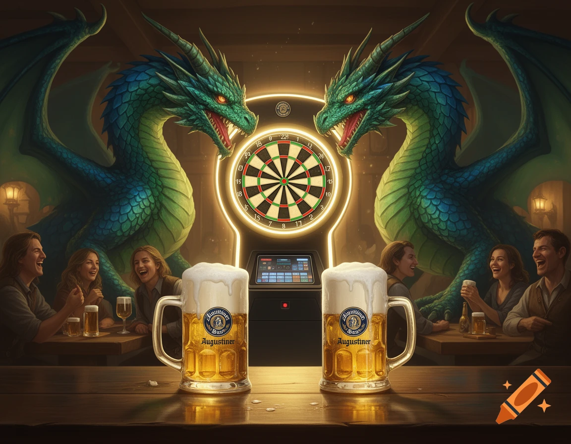 Two blue-green dragons flank a dartboard in a dimly lit pub, with beer mugs on the bar and laughing people at tables.