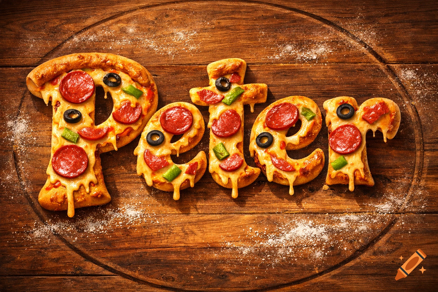 The name Peter spelled out in pizza letters with pepperoni, olives, and green peppers on a rustic wooden board.