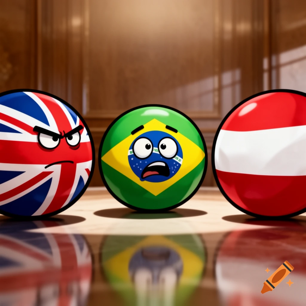A scared Brazil countryball stands between an angry Great Britain ...