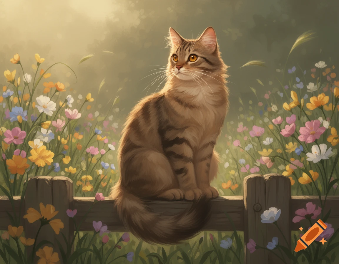 A tabby cat with glowing eyes sits on a wooden fence among colorful ...