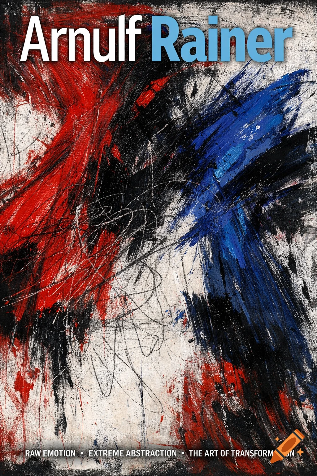 Magazine cover for Arnulf Rainer with a vibrant abstract painting featuring red, black, and blue brushstrokes and white scribbles.