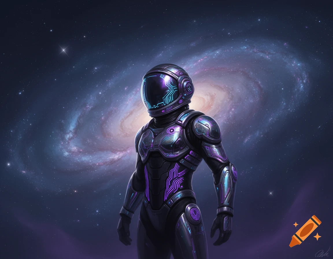 A futuristic astronaut in a sleek purple and black suit with glowing circuit patterns stands against a vibrant spiral galaxy in deep space.