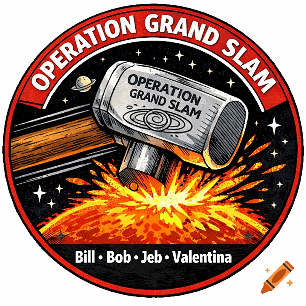 A circular space mission patch with 'OPERATION GRAND SLAM' text, showing a hammer striking the sun, surrounded by stars. Hand-drawn style.