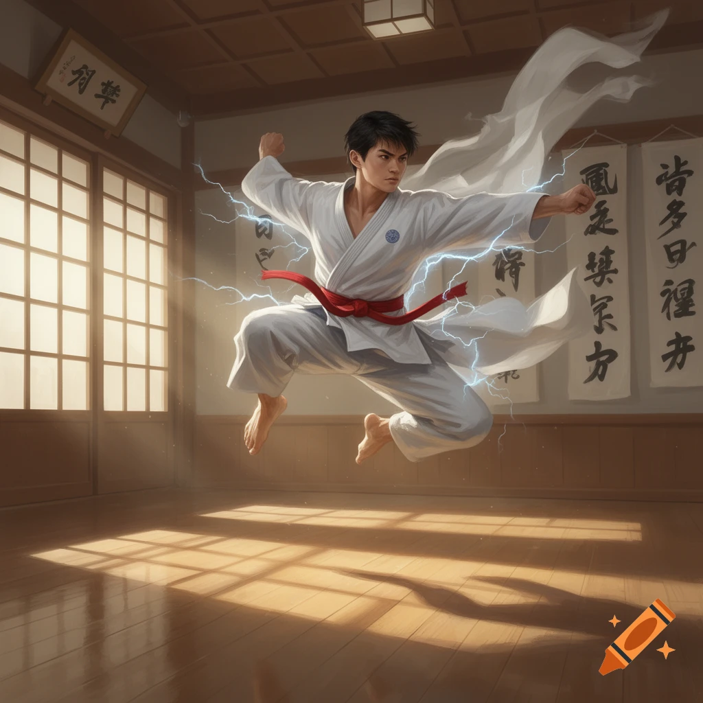A man in a white karate gi with a red belt jumps in a dojo, surrounded by blue lightning. Japanese characters are on banners.