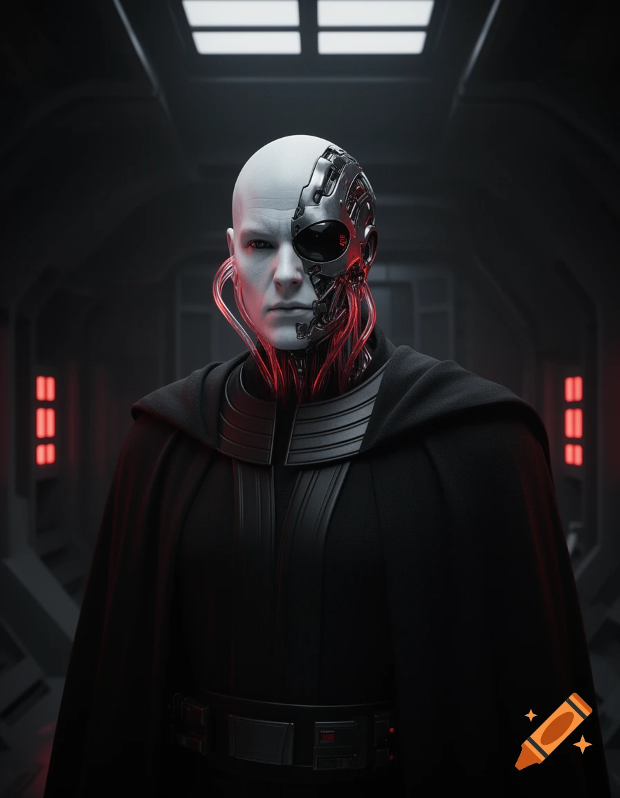 Photorealistic portrait of a bald cyborg man with pale skin and a metallic half-face, red glowing tubes, and a dark cape.