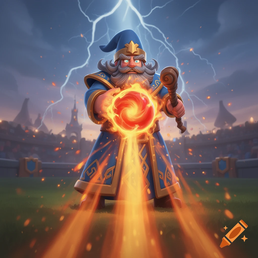 A cartoon wizard in blue robes and a pointed hat casts a glowing red fireball, with lightning in the stormy sky above a stadium.