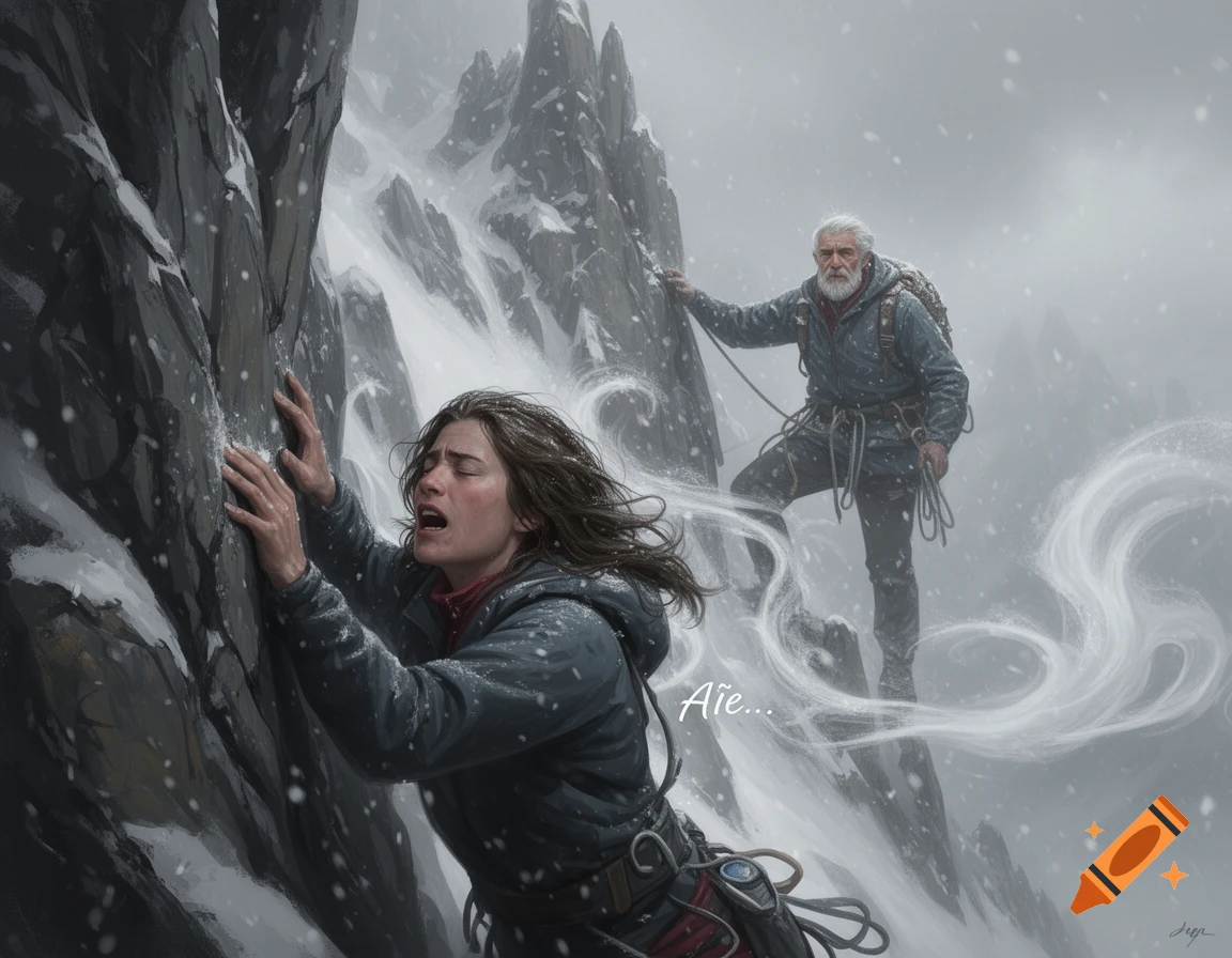 A woman struggles to grip a snowy mountain cliff as an older man climbs above her in a digital painting.