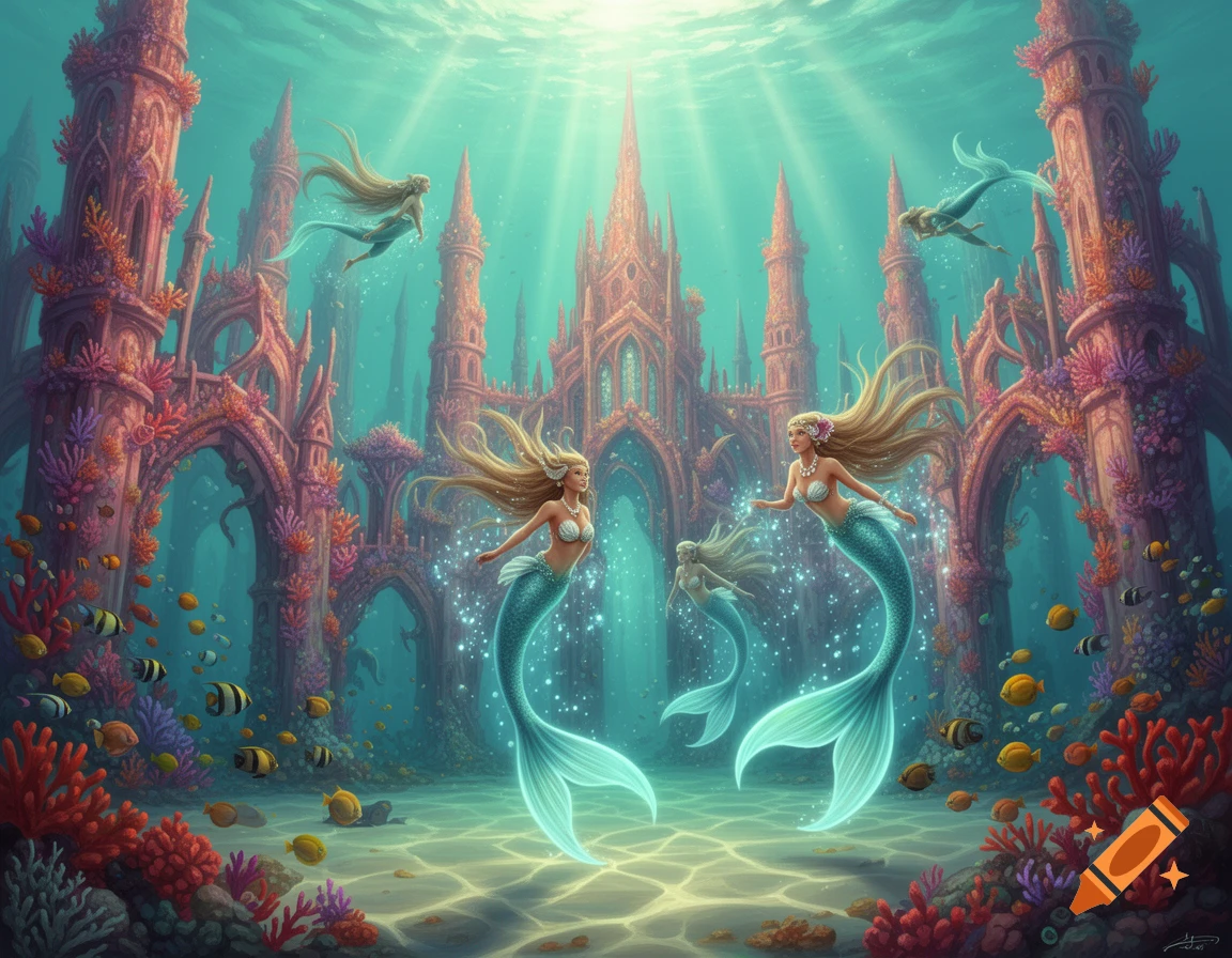 Two mermaids swim among coral castles and fish in a brightly lit underwater city, depicted in a detailed fantasy art style.