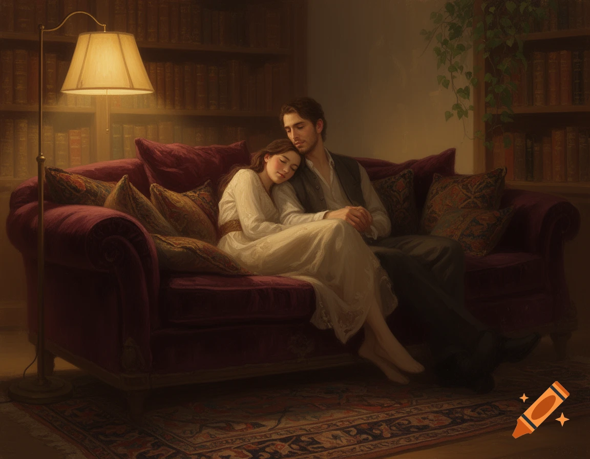 A man and woman embracing on a deep red velvet sofa in a dimly lit room with bookshelves and a floor lamp. Painting style.