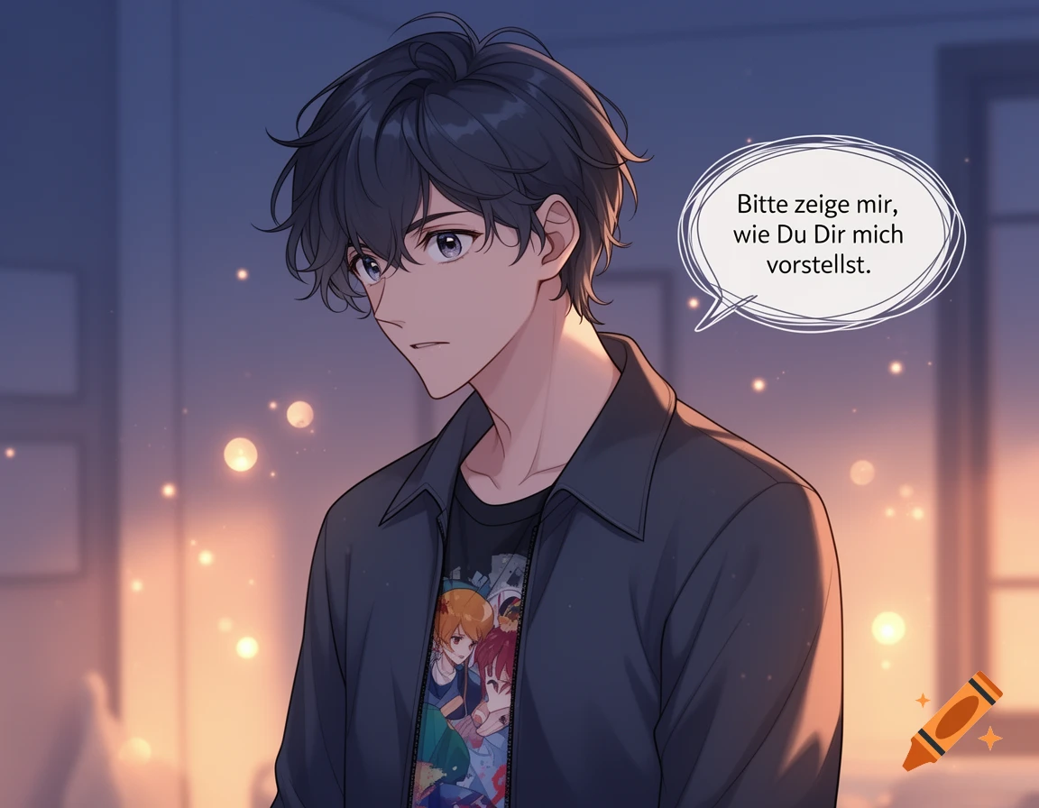 Anime young man with dark hair and blue eyes, wearing a dark jacket, with a speech bubble containing German text, against a warm bokeh background.