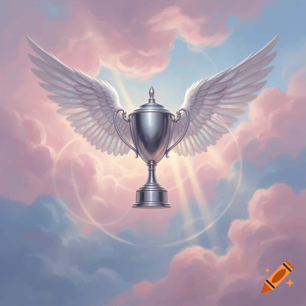 A shimmering silver trophy with large angel wings floats gracefully in a pastel sky filled with pink and blue clouds and golden light rays.