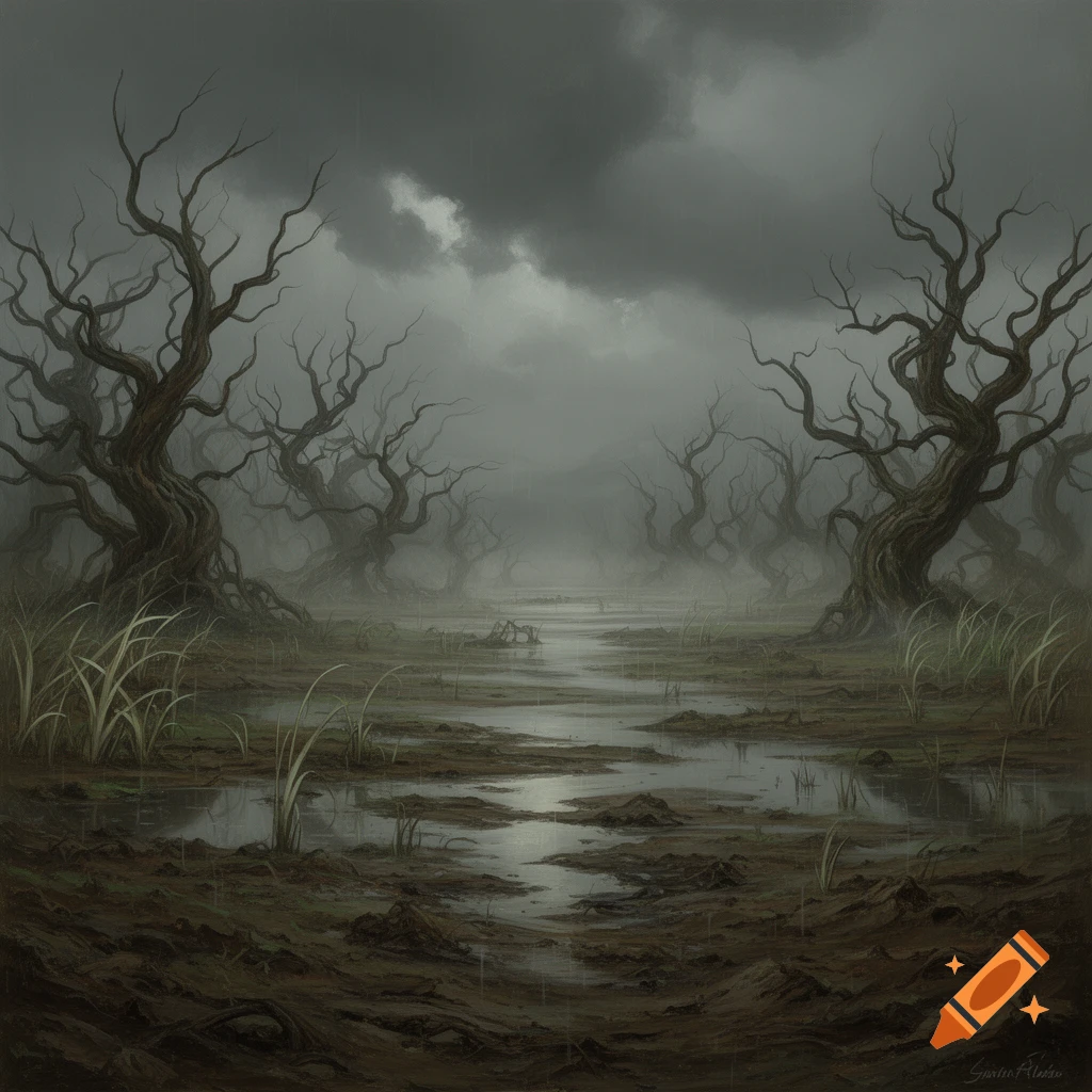 A gloomy, rainy swamp with gnarled, bare trees and murky water under a dark, cloudy sky.