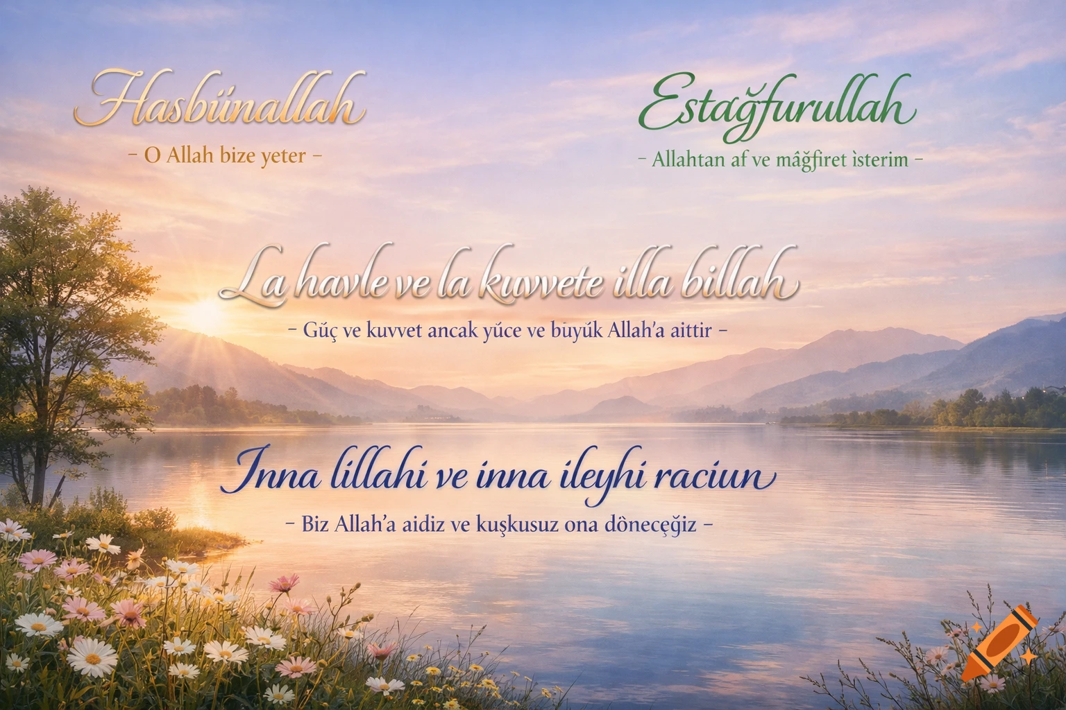 Serene sunrise over a lake with mountains and wildflowers, featuring Turkish Islamic quotes.