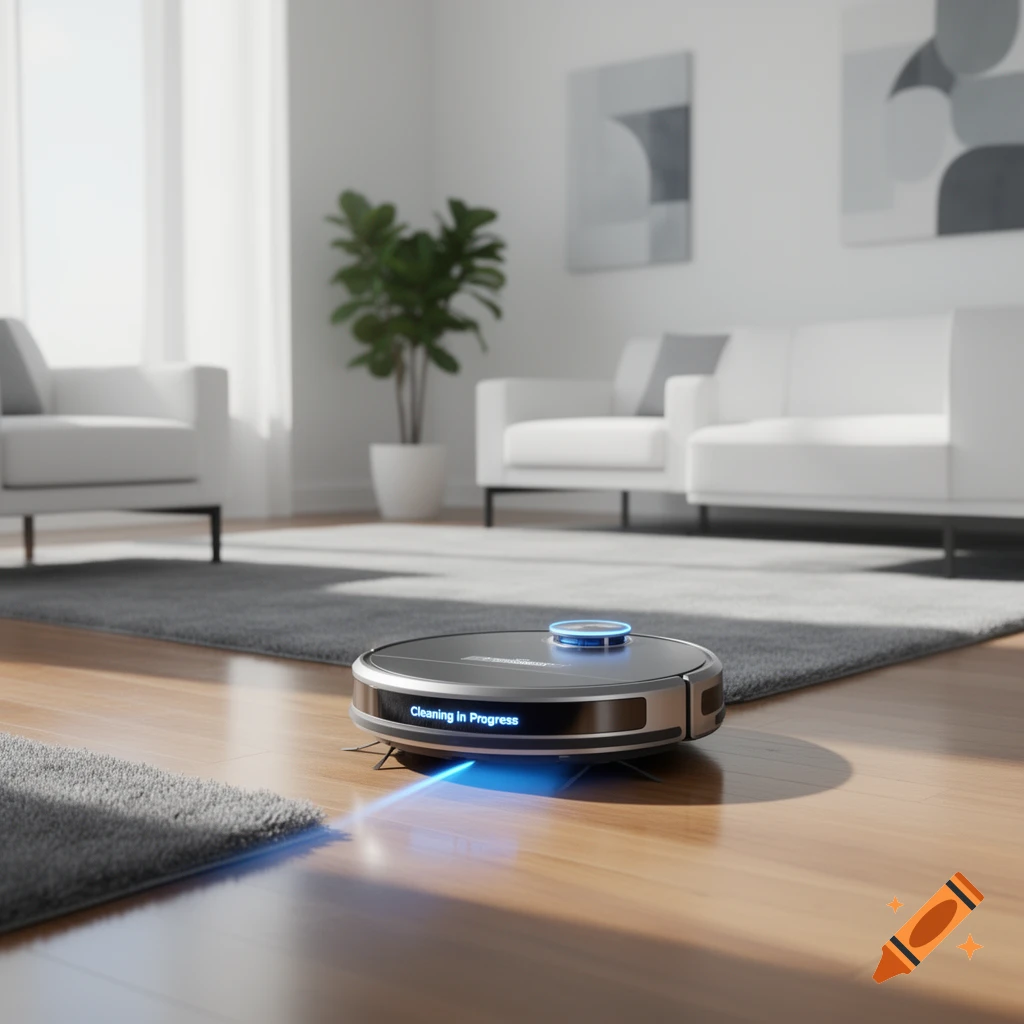 A robot vacuum cleaner with a 'Cleaning in Progress' display moves across a hardwood floor and rug in a modern living room.