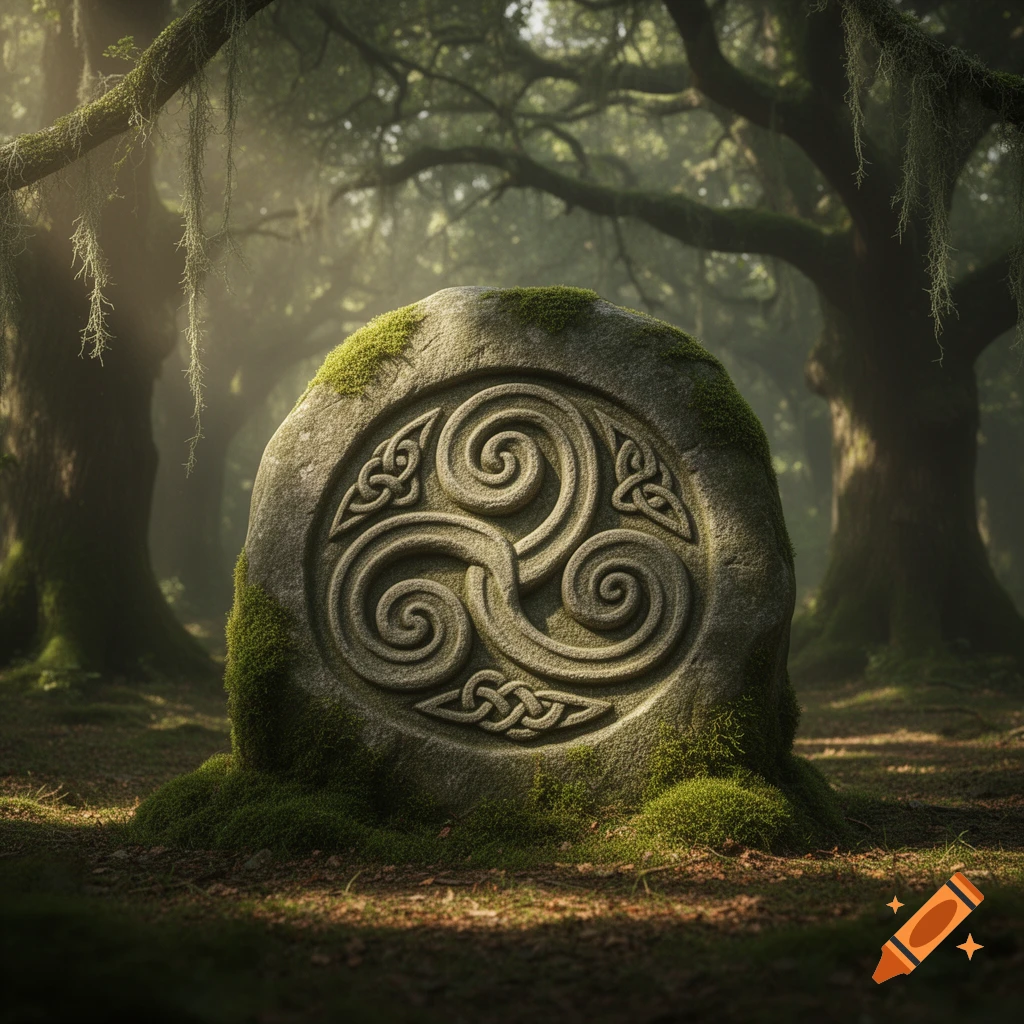 A mossy stone with a carved Celtic triskele sits in a sun-dappled forest.