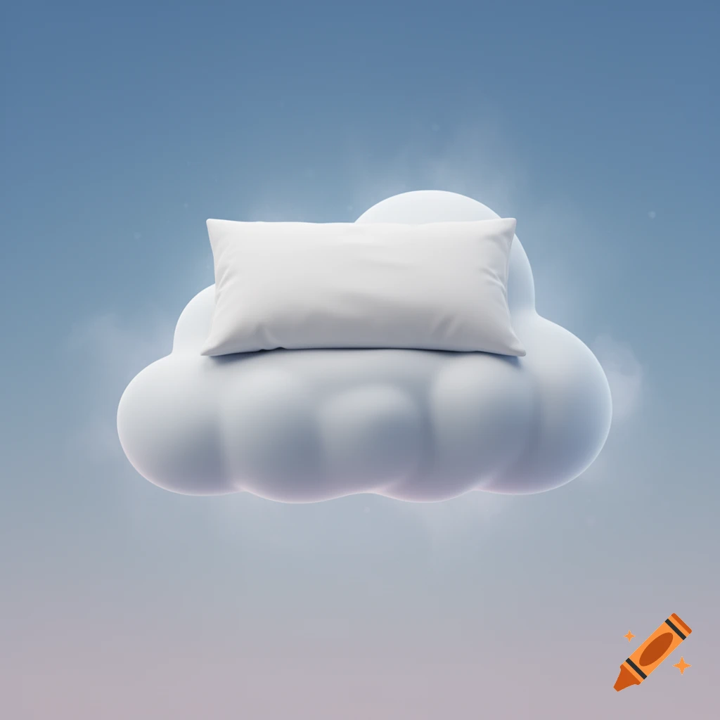 A white pillow rests on a fluffy white cloud, set against a soft blue and pink gradient sky in a minimalist style.
