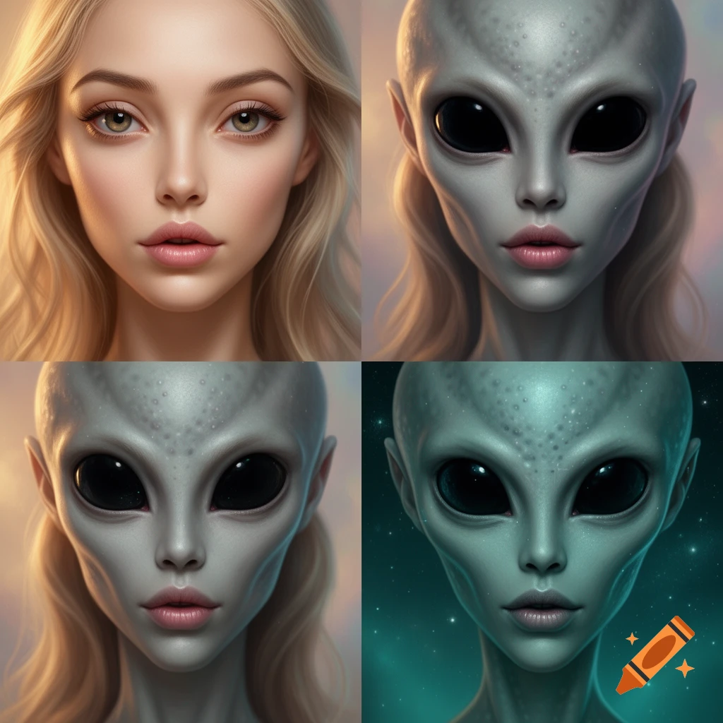 A four-panel image showing a beautiful blonde woman's face gradually transforming into a grey alien with void eyes and pink lips.