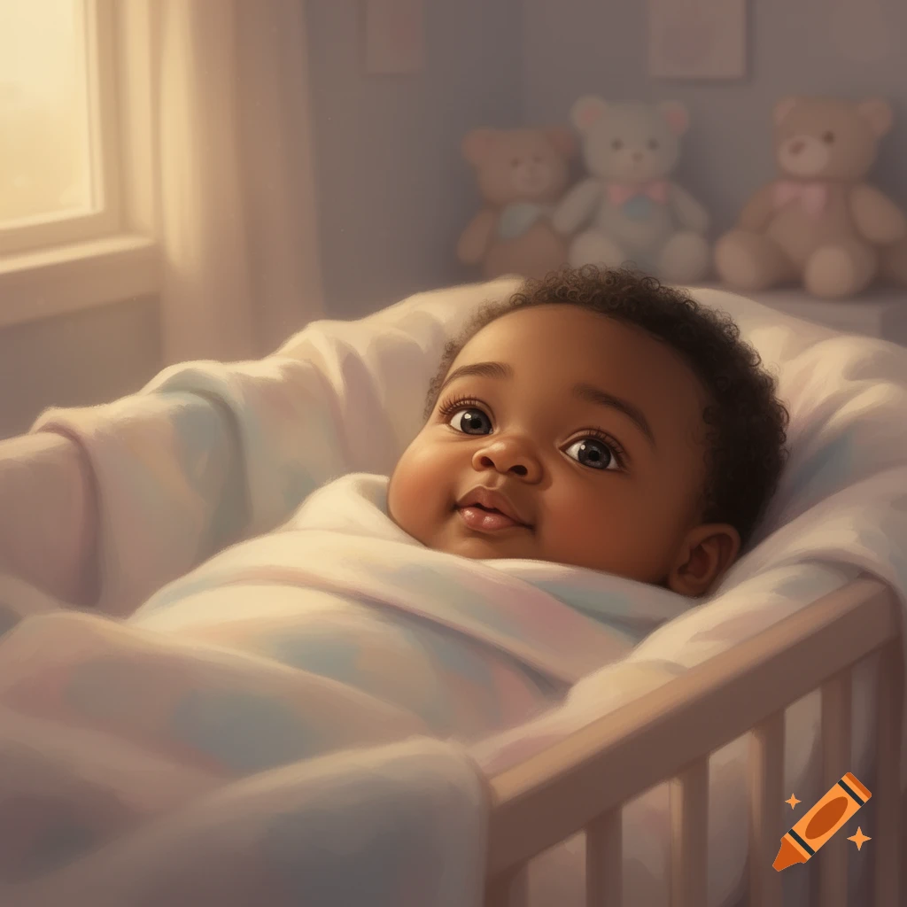 A cute Black baby with big eyes and chunky cheeks wrapped in a blanket in a crib, with soft light from a window and teddy bears.