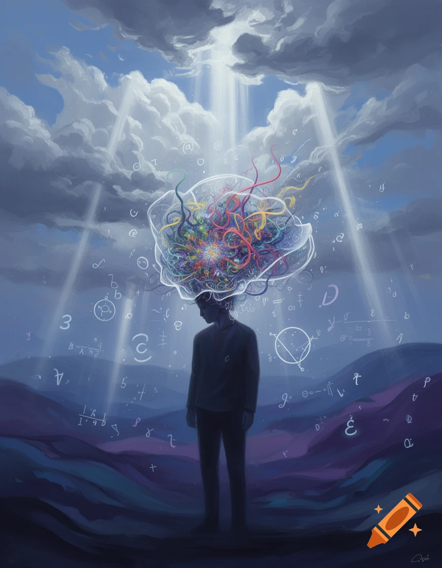 A stylized person stands under a cloudy sky with light rays, a glowing abstract brain full of colorful lines above their head, surrounded by mathematical symbols in a surreal landscape.
