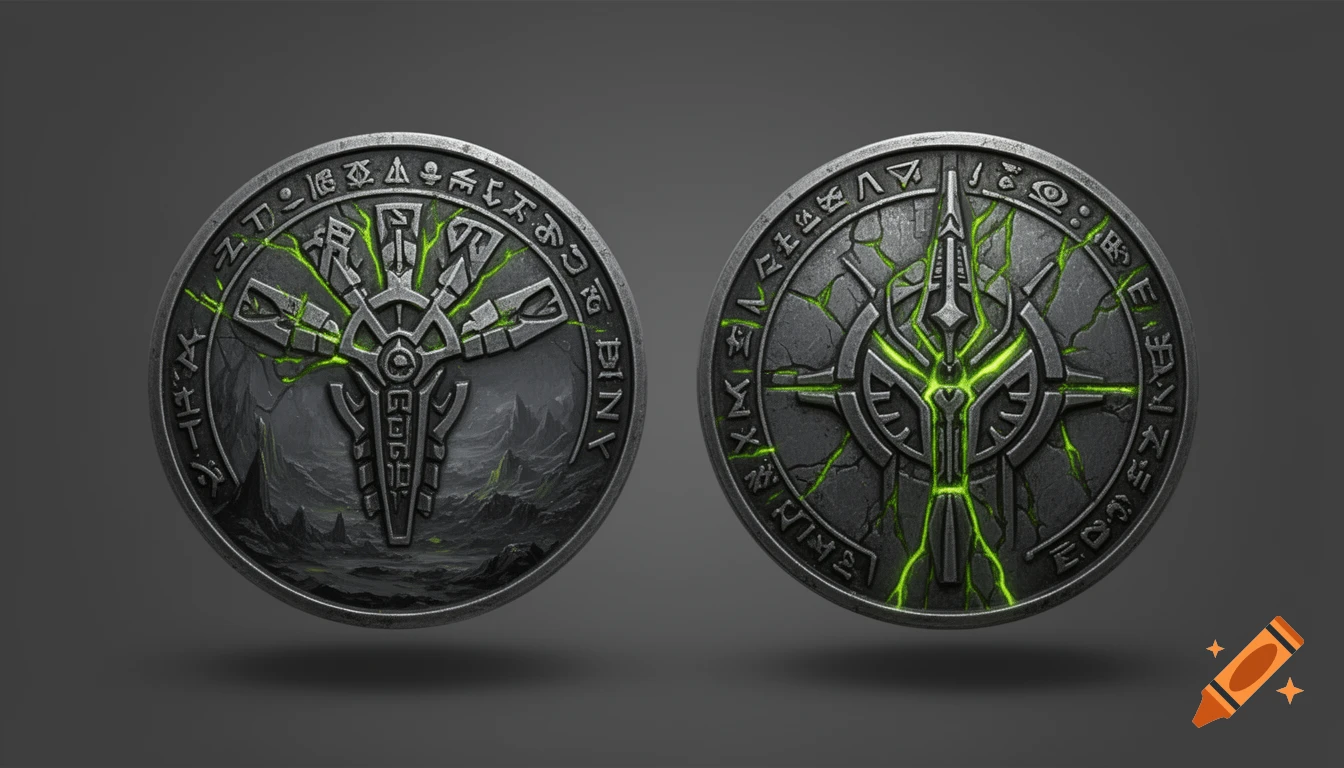 Two dark gray, ancient-looking coins with intricate alien symbols and glowing green cracks, on a gray background.
