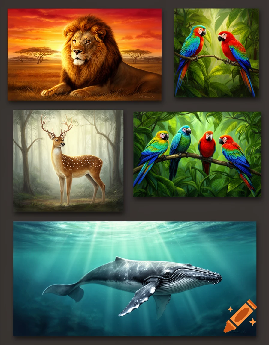 Five distinct paintings depicting various animals: a lion, a deer, colorful parrots, and a whale swimming underwater.