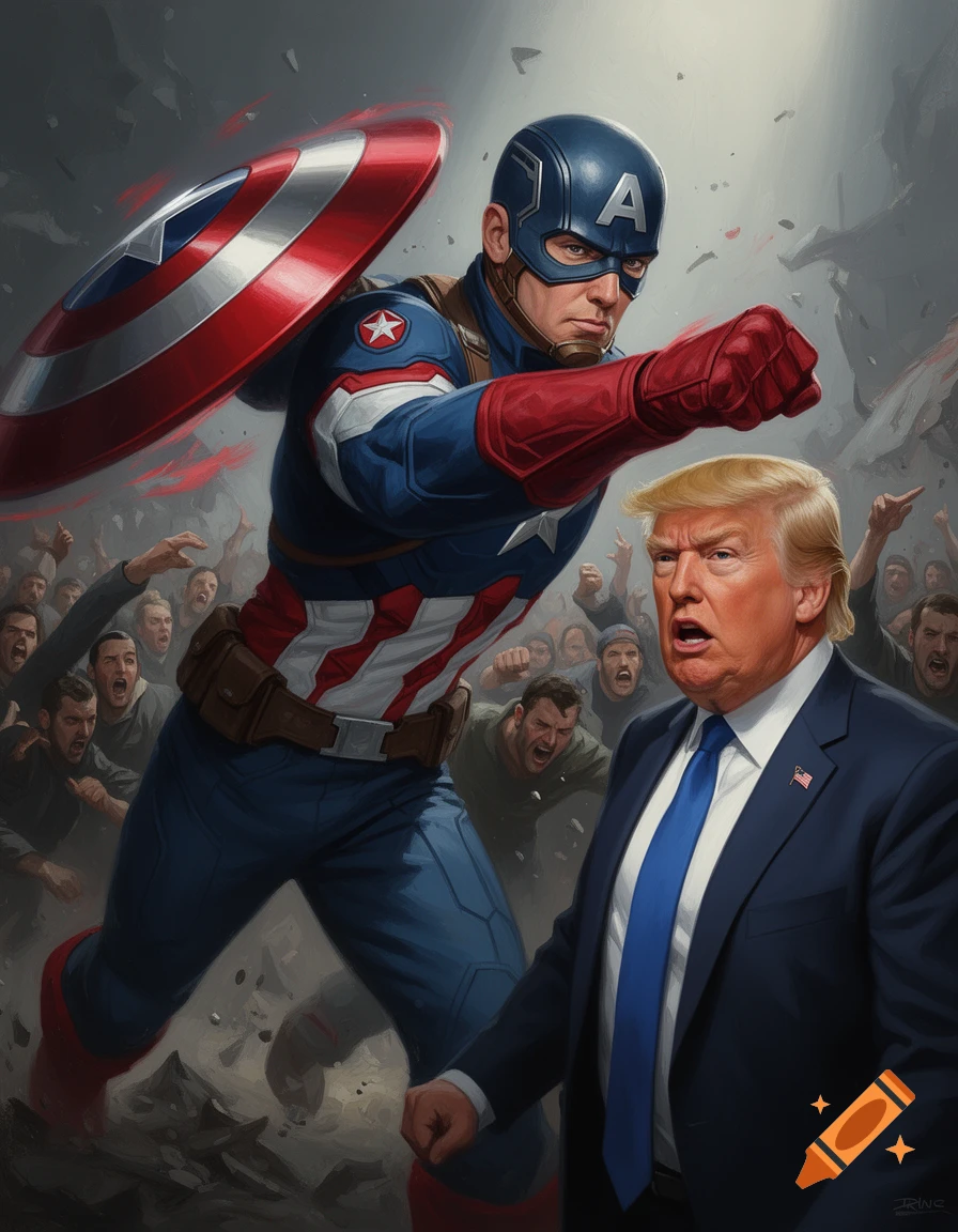 Captain America, shield on back, fist outstretched, poised to punch Donald Trump amidst a chaotic background crowd in a stylized action scene.