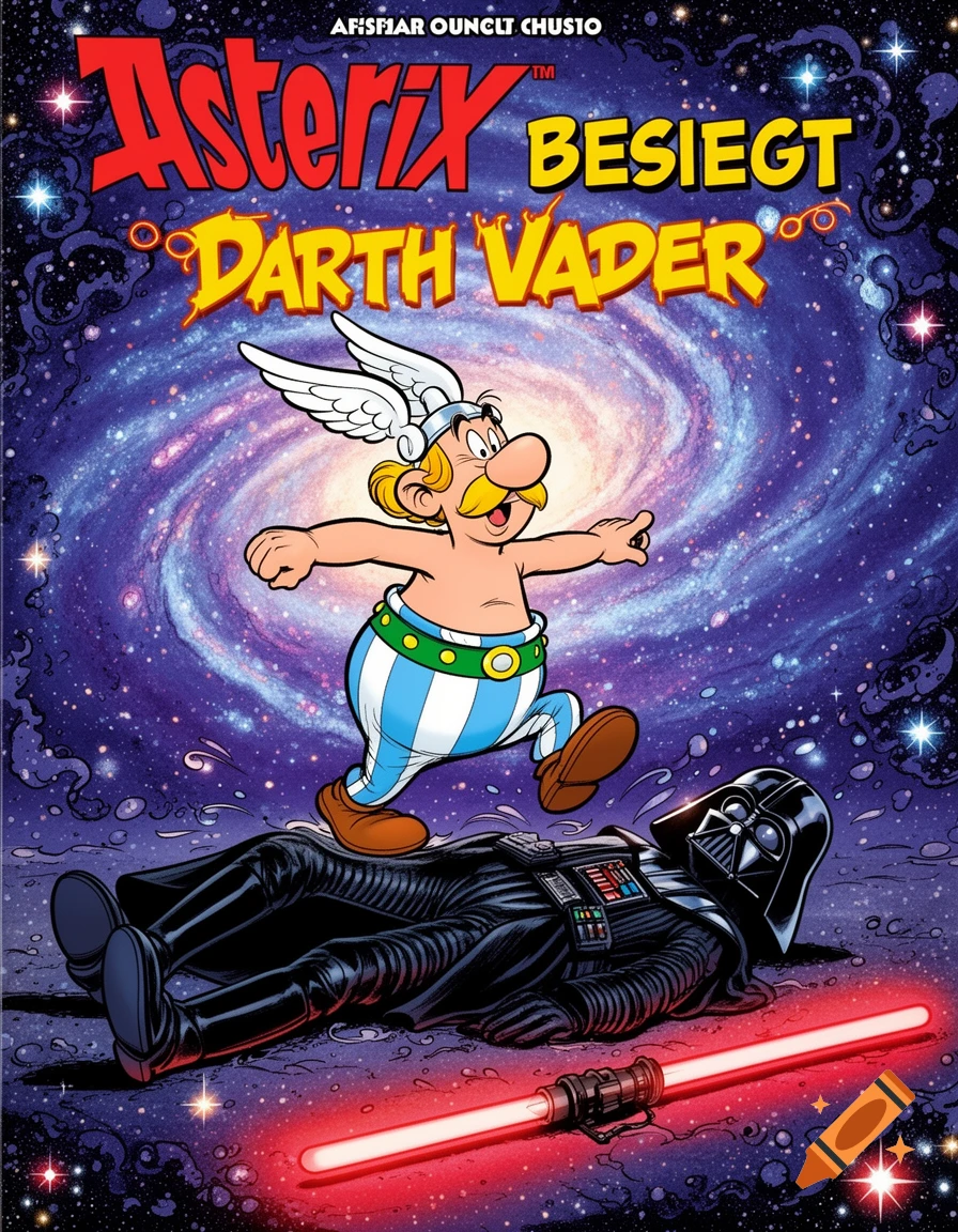 Comic book cover art of Asterix stepping on a defeated Darth Vader with a red lightsaber, against a cosmic galaxy background.