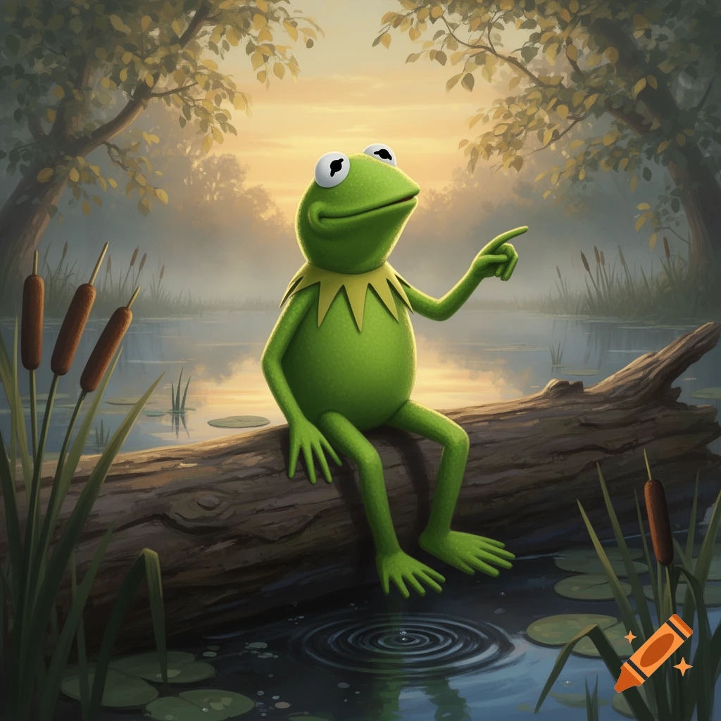 Kermit the Frog sits on a log over water in a misty forest at sunset, pointing his finger.