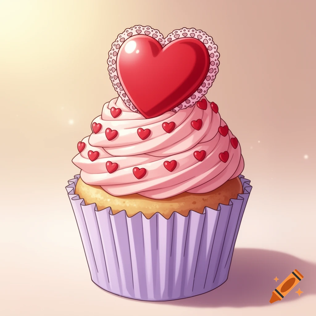 A cute illustration of a Valentine's Day cupcake with pale pink frosting, red heart sprinkles, and a big lacy heart on top, in a lavender paper.