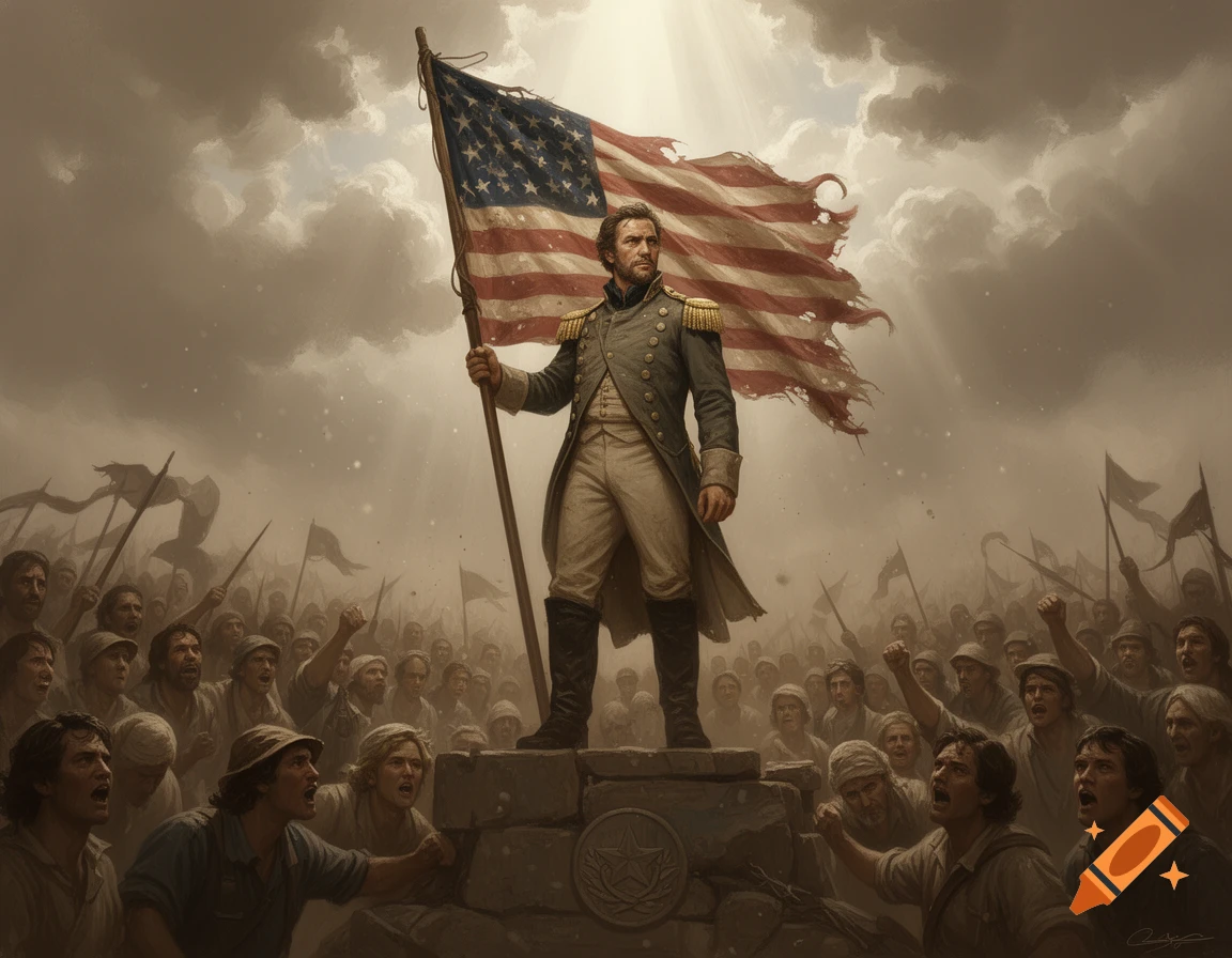 A man in uniform holds a tattered American flag atop a pedestal, surrounded by an eager, cheering crowd under a dramatic sky.