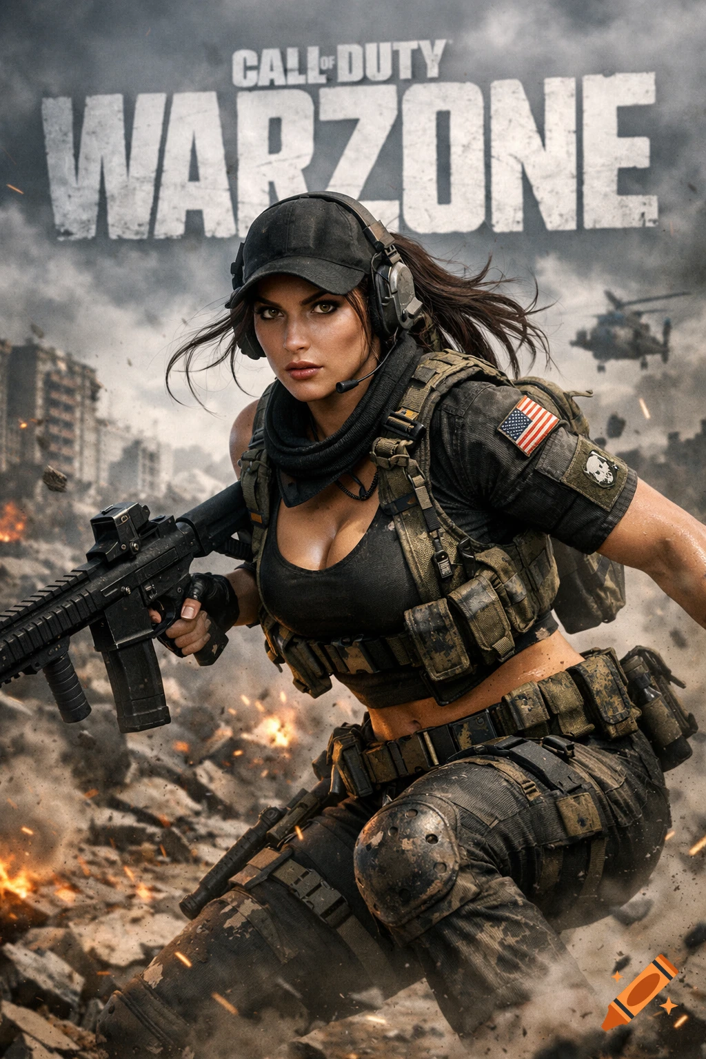 Female Cod Dev Photorealistic image of a female soldier with a rifle, wearing tactical ...