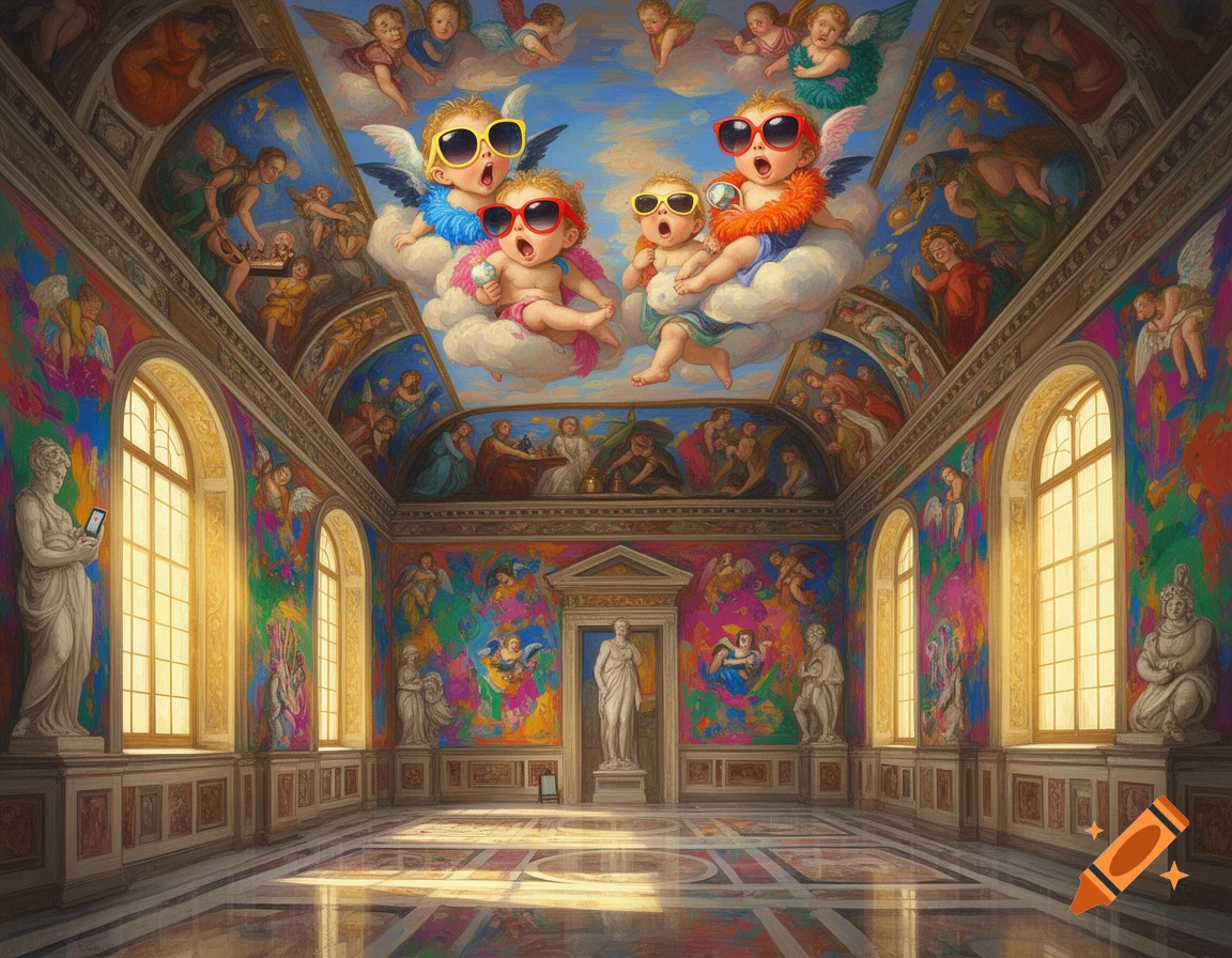 A grand hall with colorful, parody renaissance frescoes, featuring cherubs in sunglasses on the ceiling and classical statues.