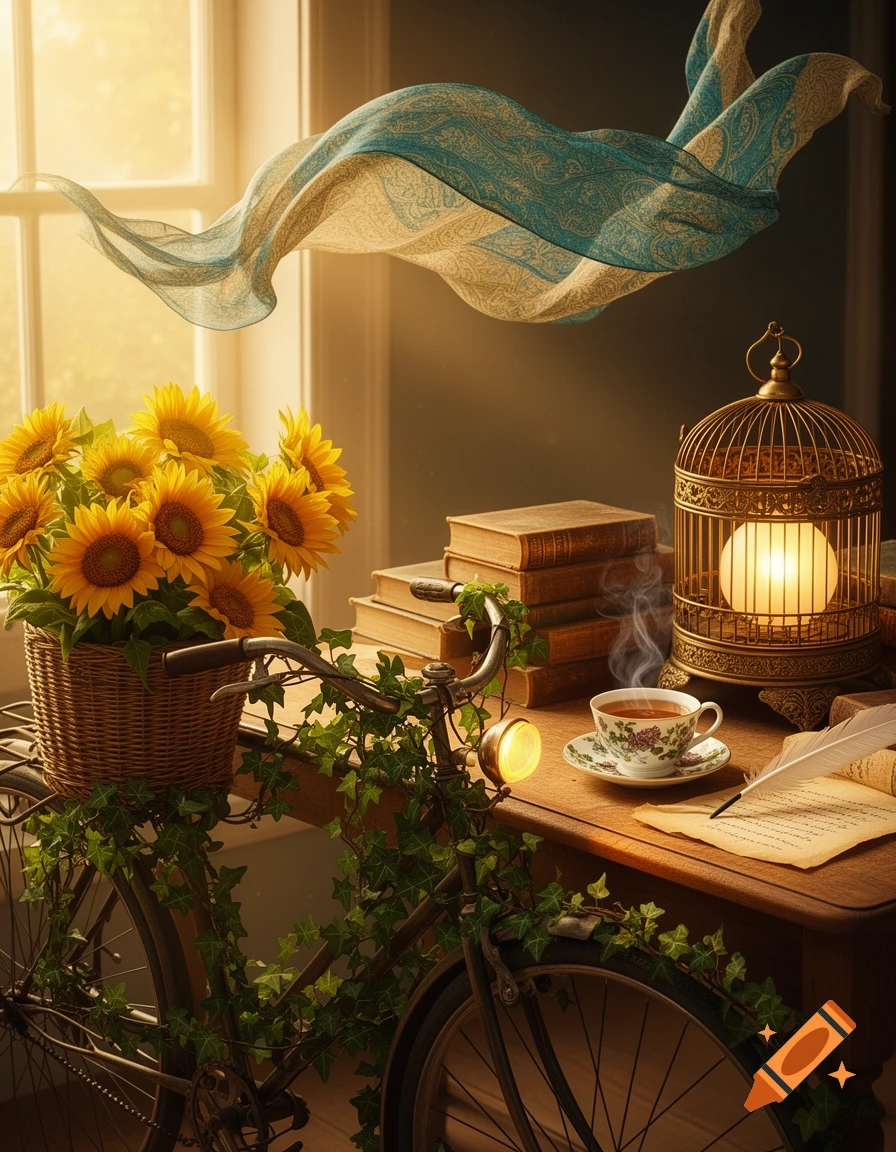 A whimsical still life of a bicycle with sunflowers and ivy, a desk with books, a steaming teacup, and a glowing lantern by a sunlit window.
