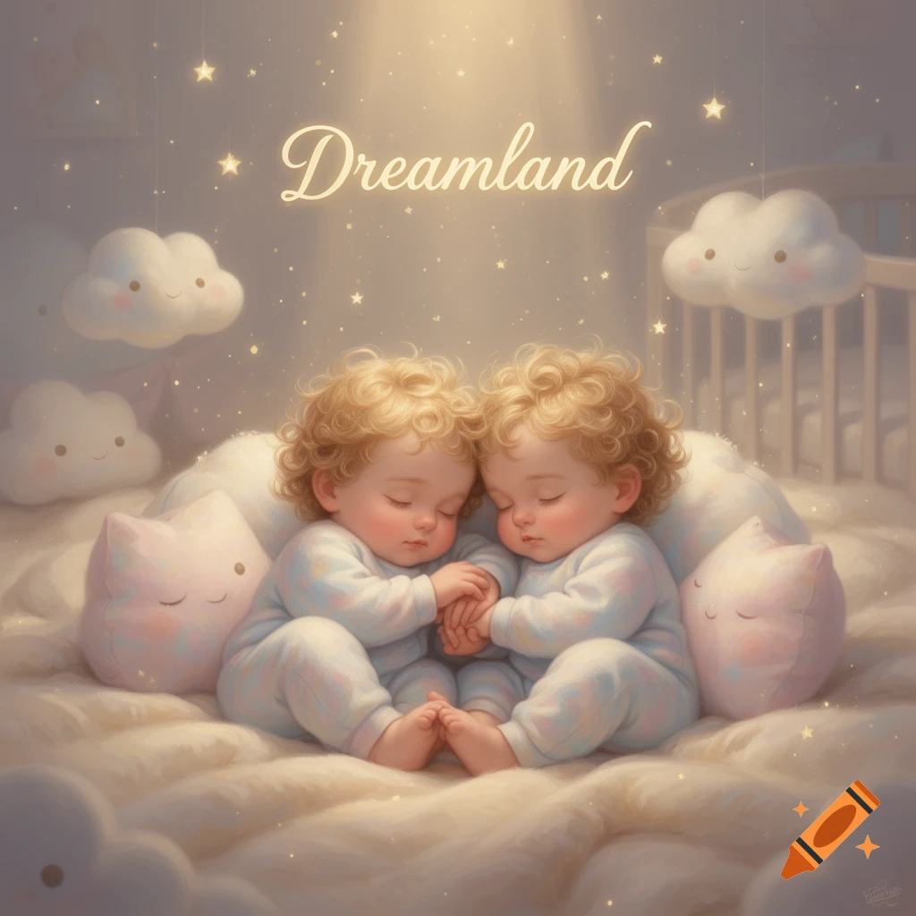 Two adorable curly-haired babies sleep peacefully on a soft cloud, surrounded by twinkling stars and fluffy smiling clouds, under a 'Dreamland' title.