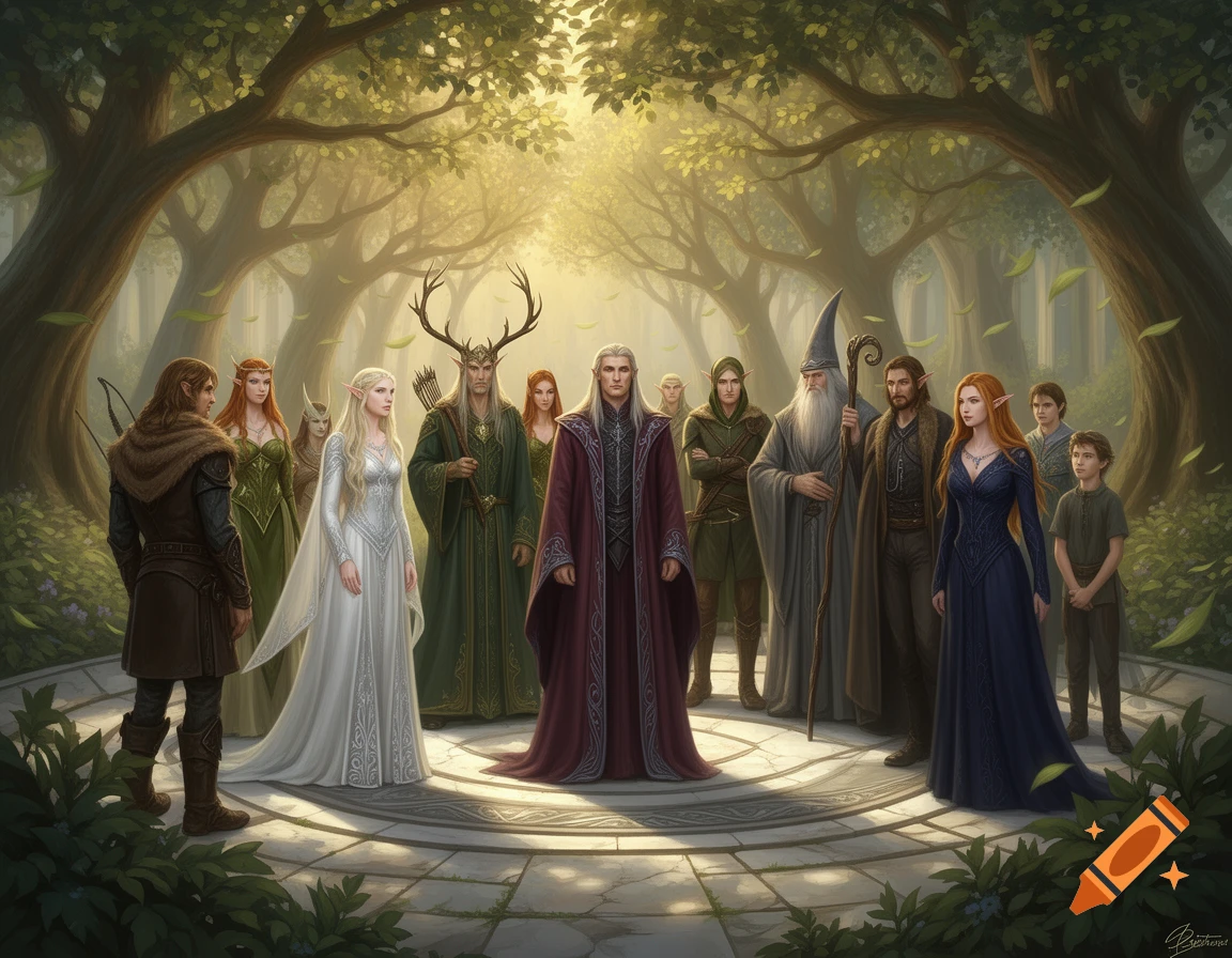 A gathering of fantasy characters including elves, a wizard, and humans in a lush, sunlit forest clearing.