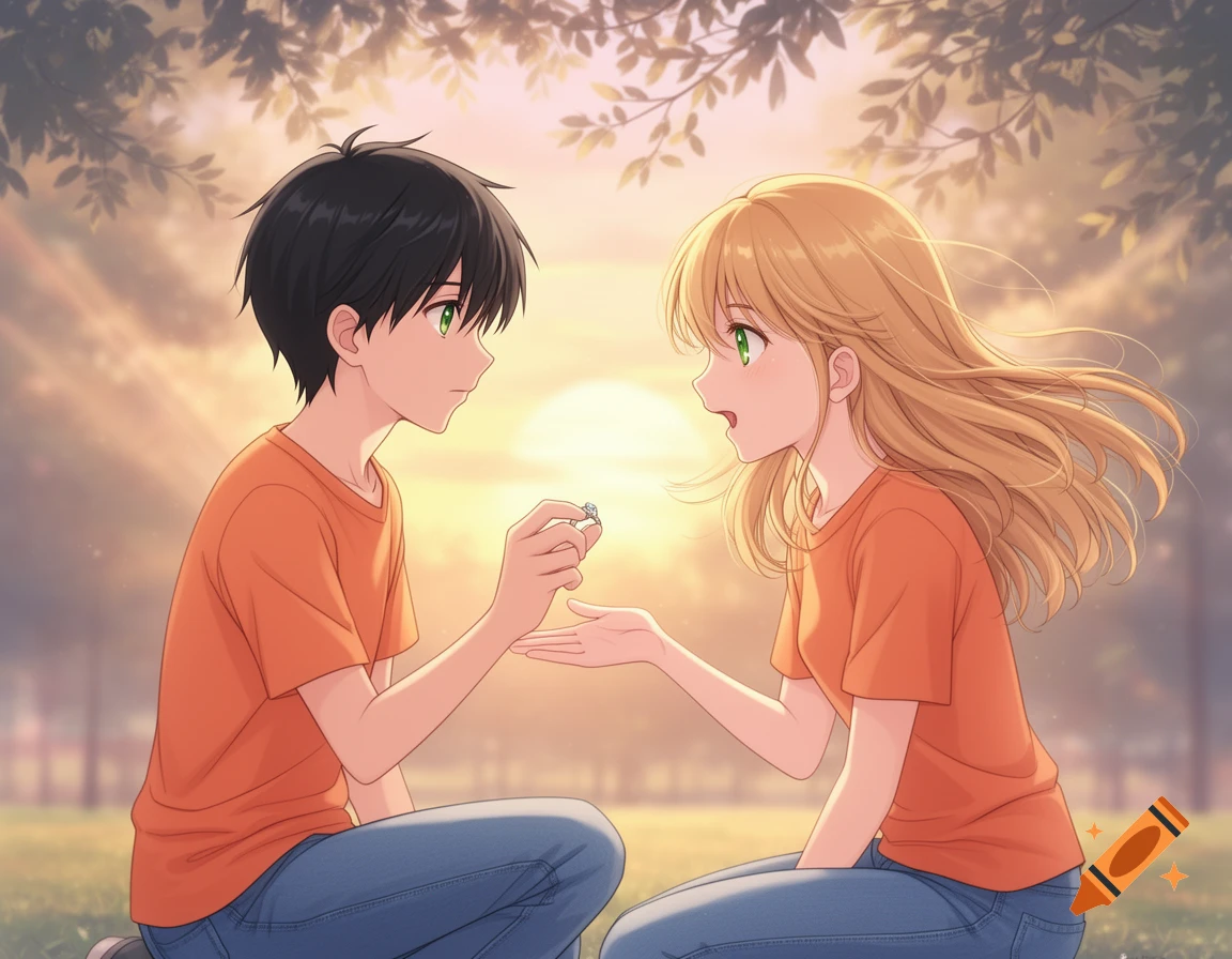 Anime boy with black hair proposes with a ring to a blonde-haired girl, both in orange shirts and jeans, in a park at sunset.